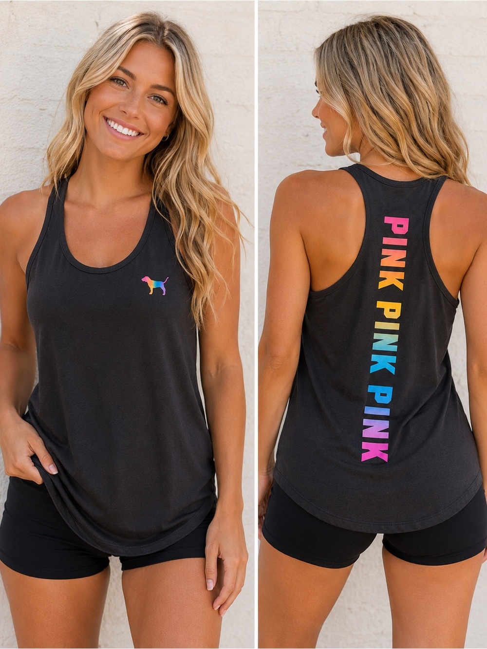 PINK Victoria's Secret Black Racerback Tank with Rainbow PINK Print
